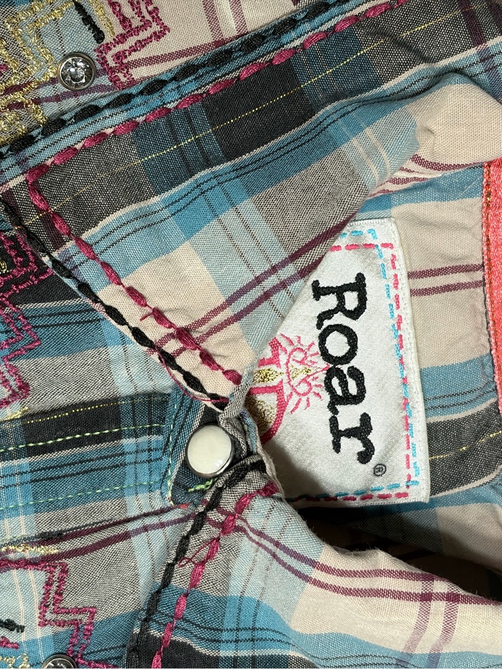 Embellished Plaid Snap-Front Western Shirt in Blue with Cream - Picture 3 of 14
